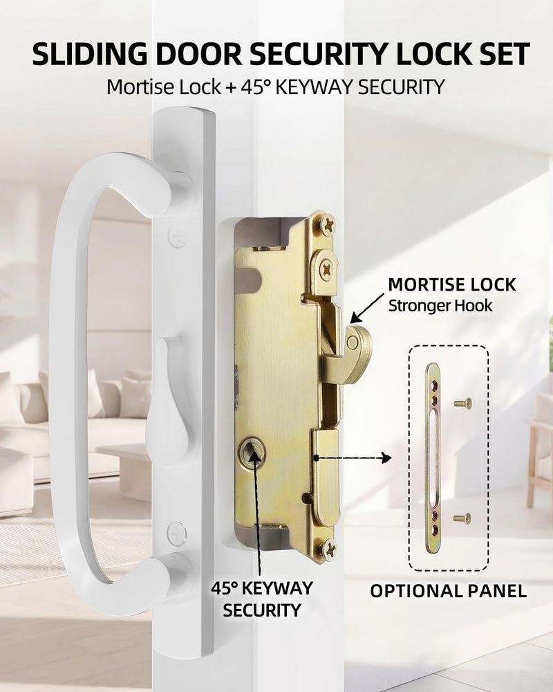 Offset Position Non-Keyed Sliding Patio Door Handleset, 45° Keyway 3-15/16" H.C., Fits 1-3/8" to 2-1/4" Thick Doors, White Diecast with Mortise Lock｜Off Center Thumb Latch Non Keyed-With Latch Lock+Keeper