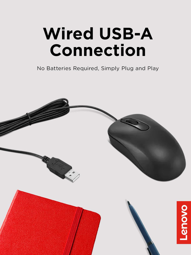 Lenovo 100 Wired USB Computer Mouse for PC, Laptop, Computer with Windows - Full-Size - Ambidextrous Design - 3 Buttons - Red Optical Sensor – Black Black 100