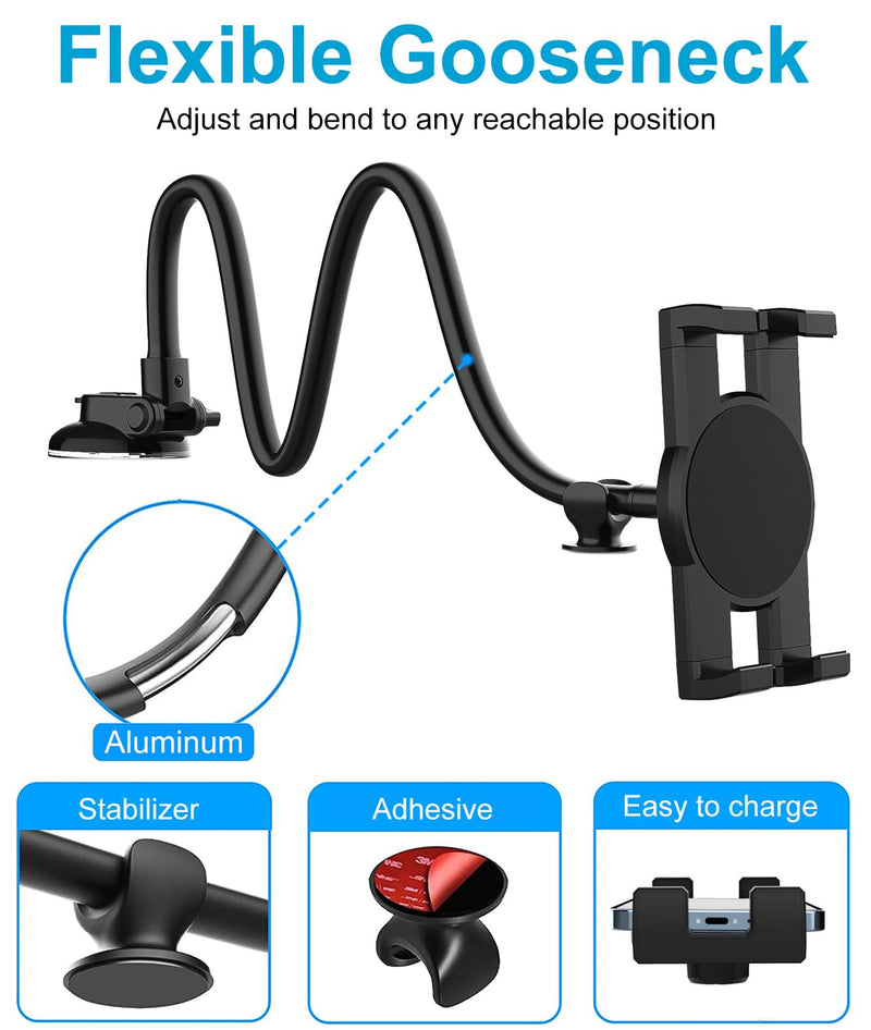 Car Dashboard Tablet Mount, Vehicle Dash iPad Holder, Gooseneck Long Arm Stand with Strong Sticky Gel Suction Cup for iPad Pro 12.9 11/ Air/Mini, Galaxy Tabs Z Fold, More 4-13" Phone & Tablets