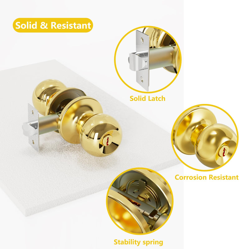 Door Knobs with Lock and Keys, Interior and Exterior Door Lock Standard Ball Door Locks for Bedrooms Bathroom Gold 2