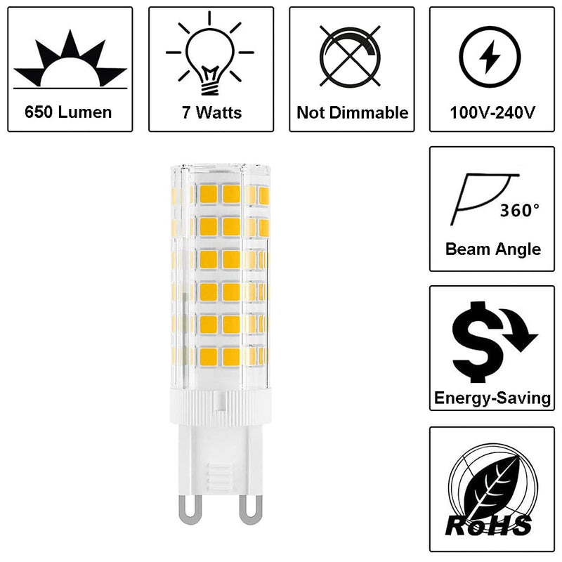 G9 LED Bulb 7W, 60W G9 Halogen Bulb Equivalent, 650LM, AC 100V-240V, Daylight White 6000K, Non-Dimmable G9 Bulbs for Home Lighting, 12-Pack 7w 6000k Daylight White