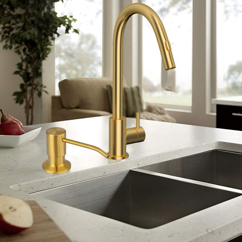 SAMODRA Soap Dispenser for Kitchen Sink, Premium Stainless Steel Pump Head 17 OZ Bottle 3.15 Inch Threaded Tube for Granite Thick Deck Installs (Brushed Brass) Gold