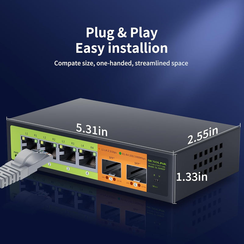6 Port 2.5Gb Network Switch, 4x2.5G RJ45, 2x10G SFP+, Muti-gigabit, Unmanaged, Metal Case, 60G Bandwidth, Fanless, Compatible with 2.5gbe NAS, PC, AP SL-G0402F1