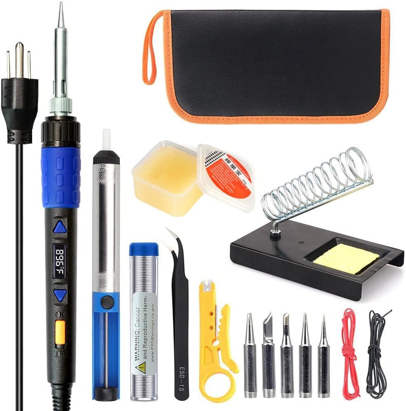 110W Electronics Soldering Iron Kit - LCD Digital Soldering Iron Adjustable Temperature, Wire & Cutter, Stand, Soldering Iron Tip Set, Desoldering Pump, Solder, Tweezers, Soldering Flux Paste Blue