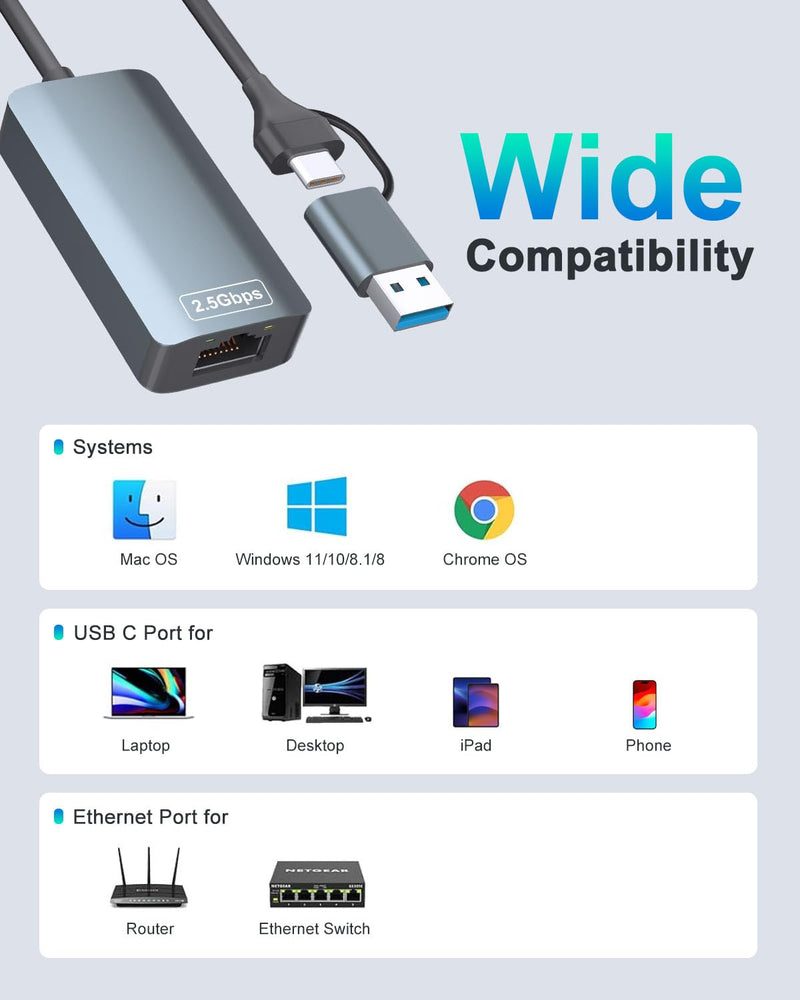 2.5gb USB Ethernet Adapter, Aluminum, Type-C to RJ45 Network Internet 2.5Gbps, 2.5G USB C to Ethernet Adapter for MacBook, iPhone 15/16 Pro Max, XPS, Surface, iPad Pro