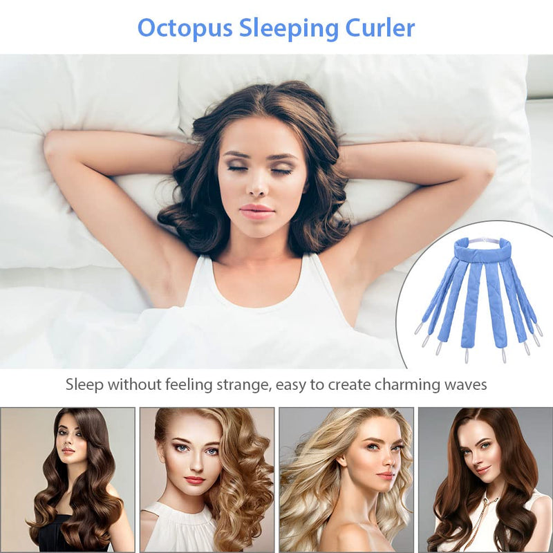  [AUSTRALIA] - URAQT Heatless Curling Rod Headband, Octopus Design No Heat Hair Curlers for Long Hair, Soft Sleeping Overnight Silk Ribbon Hair Rollers Lazy Curler Set DIY Hair Styling Tools (Blue) (Pack of 2) Blue 1 count (Pack of 2)