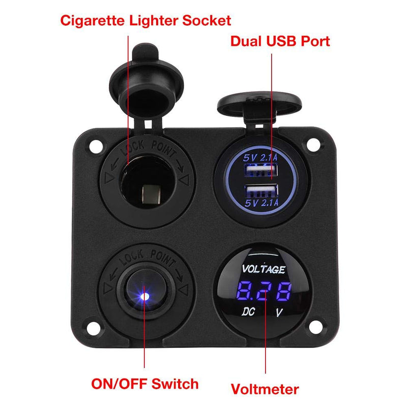 Waterproof 4 Gang Marine Boat ON/Off Toggle Switch Panel & 4.2A Dual USB Socket & Voltmeter & Cigarette Lighter Blue LED Light(Blue)