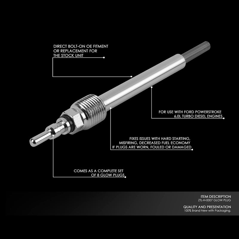 DNA Motoring ZTL-H-0007 Complete Set of 8 Glow Plugs Replacement Compatible with 04-10 E350/E450, 04-05 F250, 04-07 F350/F450/F550 Super Duty Powerstroke 6.0L V8 Turbo Diesel