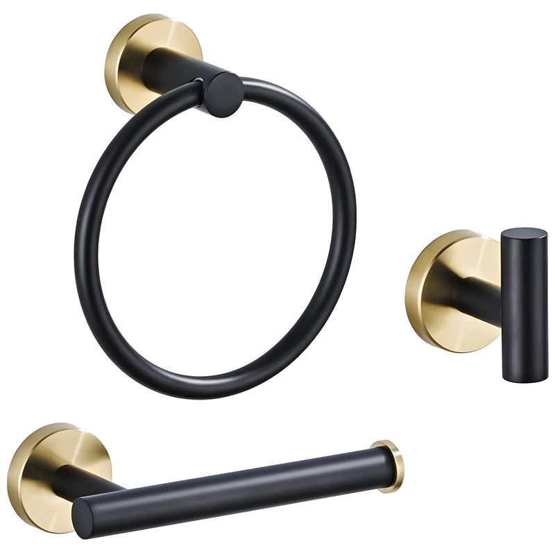 Bathroom Hardware Set 3 Piece Black&Gold Wall Mounted Stainless Steel Hardware Towel Bar Set Gold Bathroom Accessories Towel Rack Set Kit Includes Hand Towel Ring, Toilet Paper Holder, Robe Hook 3-piece Style 1
