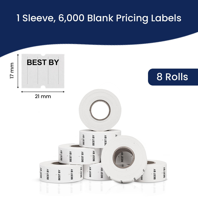 Perco 2 Line Best BY Labels - 8 Rolls, 1 Sleeve, 6,000 Blank Date Gun Labels for Perco 2 Line Date Guns - Made in USA