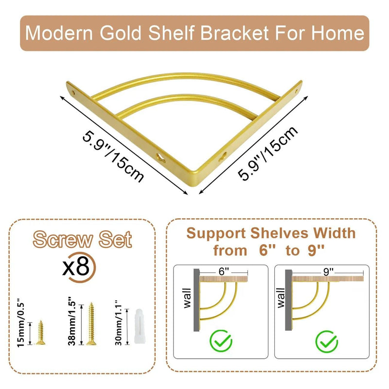 Z METNAL Small Gold Shelf Brackets, Decorative Shelves Bracket, Support Shelf Width from 6 to 8 inch, Modern Shelving Bracket for Bedroom Kitchen Bathroom Living Room, Gold, 6 Inch, 4 Pcs 5.9 inch/15cm - 4pcs