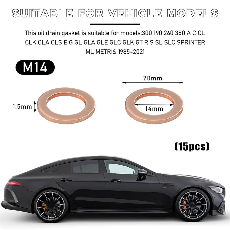 15PCS Oil Drain Plug Gasket, 14mm Copper Oil Crush Washer Compatible with OEM PN Part 007603-014106, Car Accessories for Oil Drain Plug Washer Gaskets Seals Replacement 15PCS
