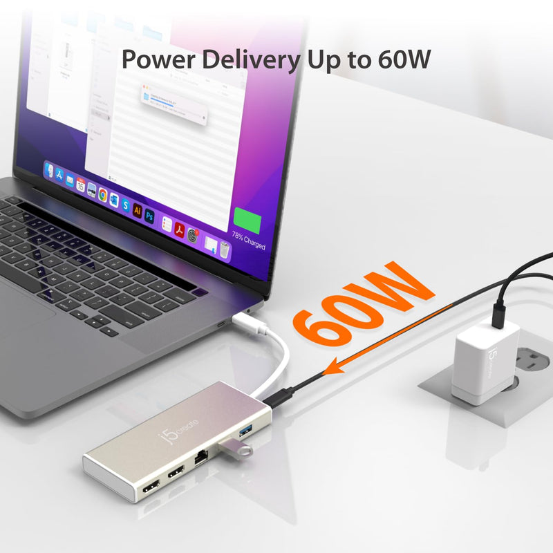 j5create USB-C Mini Dock- Type C Hub with 2X HDMI, 2X USB 3.0, Ethernet, Power Delivery 2.0 (JCD381)