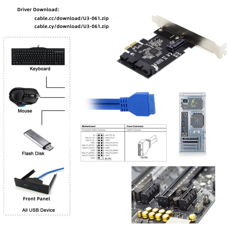ChenYang Dual USB 3.1 Gen 1 20Pin Front Panel Socket to PCI-E 1X PCI Express Expansion Card Adapter Dual USB 3.1 Gen 1 20Pin 5Gbps
