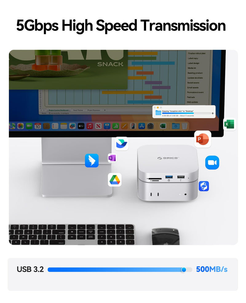 ORICO MiniMate SE Mac mini M4 512GB Storage & Docking Station, External SATA SSD (Non-Removable) 5Gbps(480MB/s), USB A*4, USB-C, SD/TF 3.0, 3.5mm Audio, Includes 2 Cables – M4SE
