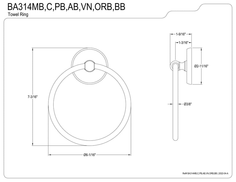 Kingston Brass BA314AB Classic 6-Inch Towel Ring in Antique Brass