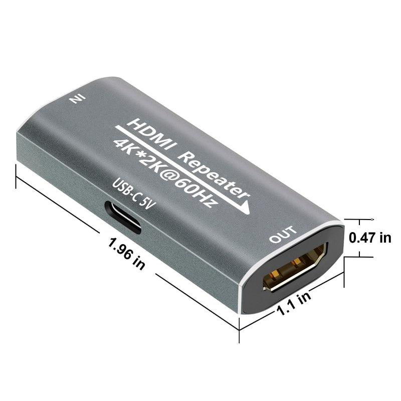 HDMI Booster Repeater 4K@60Hz for 80FT, HDMI Extender Female to Female Amplifier Signal Booster Plug & Play, for Gaming/Home Theater/Video Meeting/TV with USB-C Power Supply Port(Grey) Grey