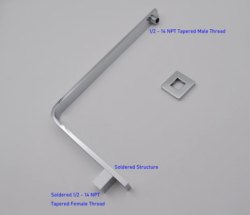 High Rise Shower Arm and Flange, 16 inch, Solid Brass, Square Shower Riser, Gooseneck Raised Shower Head Arm, Wall Mount Shower Head Extension Arm, 1/2 NPT Tapered Threads (Polished Chrome) Polished Chrome