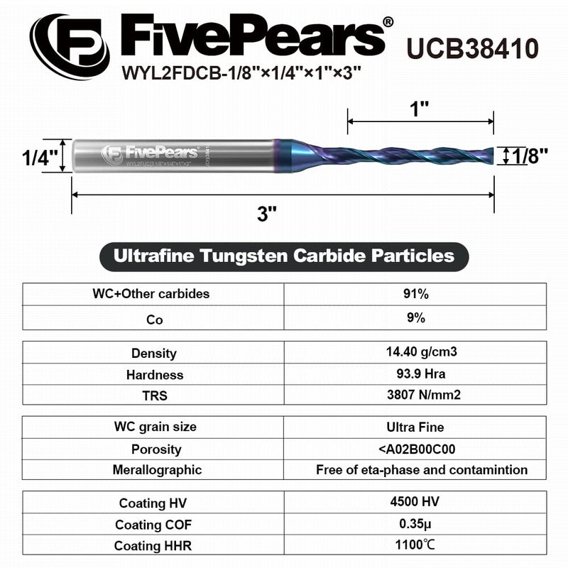 FivePears 3 Flute Up&Down Cut Compression Spiral Router Bit 1/4 inch Shank with Extreme Life Coated, 1/8" Cutting Diameter, 1" Cutting Length, CNC Carbide End Mill for Wood Carving Engraving Grooving Compression Cut 1/4" Shank