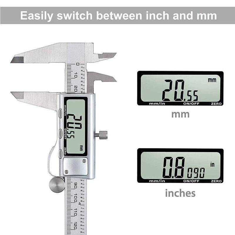 Digital Caliper, Caliper Measuring Tool with Stainless Steel, Electronic Micrometer Caliper with Large LCD Screen, Auto-Off Feature, Inch and Millimeter Conversion (6 Inch/150 mm) silver Digital Caliper