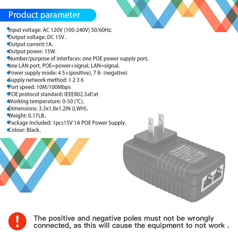 15V 1A POE Switch Injector, 15W 10/100Mbps Compliant IEEE 802.3af, Passive PoE Injector 2 Ports Power Over Ethernet Power Adapter for IP Cameras Mobile WLAN AP, Up to 100 Meters (325 Feet)