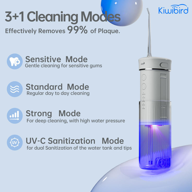 KIWIBIRD Mini Water Flosser for Travel, Ultra-Portable Cordless Oral Irrigator with UVC Light, IPX8 Waterproof 3 Modes, 230mL Teeth Cleaner for Tonsil Stones & Braces Care - Home & Travel (Purple) Purple