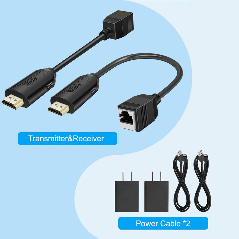 HDMI Over Ethernet Cat5e / Cat6 RJ45 Ethernet Cable, Male to Female HDMI to RJ45 Ethernet Network Converter 2 Ports up to 196ft/60m Transmitter Receiver Power On Support Full 1080p from Displays
