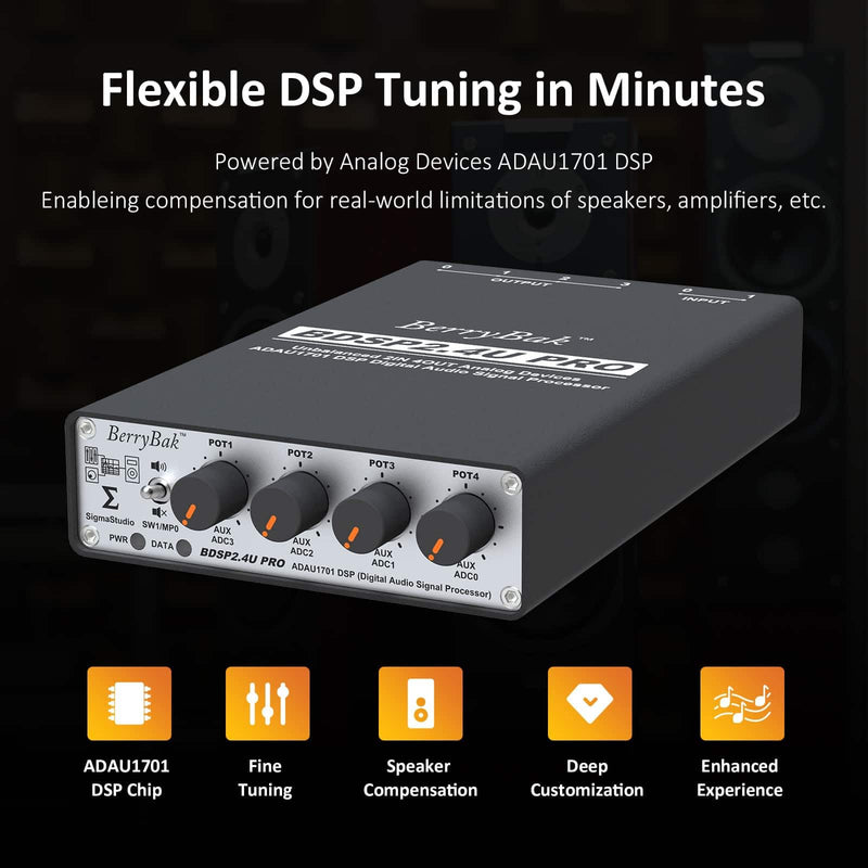 Independent ADC & DAC ADAU1701 DSP Preamp Unbalanced 2 in 4 Out, 2.2/2.1 Digital Signal 2-Way Crossover, Sigmastudio and PC UI Control for EQ and Bass Enhancement BDSP2.4U-Pro