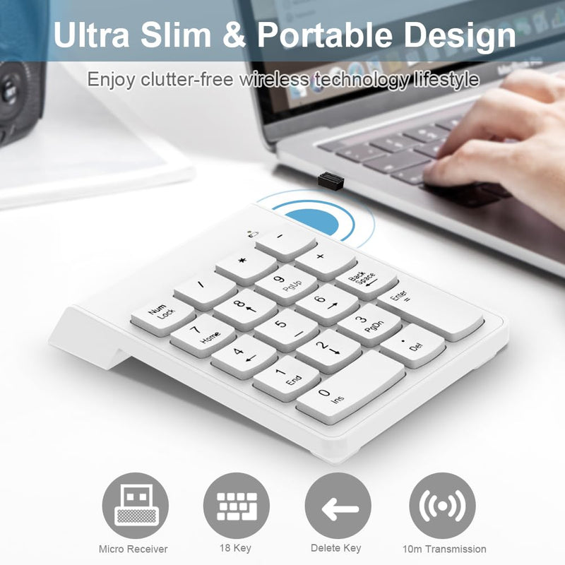 Wireless Numpad with Type C to USB Adapter, Numeric Keypad Number Pad Compatible with Laptops Computer Desktop MacBook Air Pro - 10 Key USB Keypad Office Accessories White