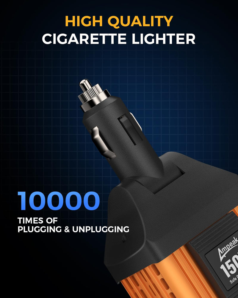 Ampeak 150W Car Power Inverter 12V DC to 120V AC Converter Plug in Adapter with 4.8A Dual USB Ports AC Outlet 11 Safe Protections Cigarette Lighter Adapter Car Laptop Phone Charger for Vehicles 150W Orange