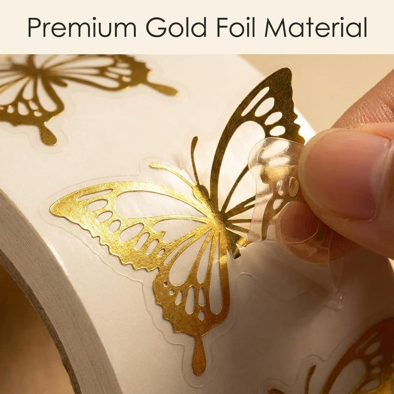 500Pcs Gold Foil Butterfly Stickers, Packaging & Envelope Seals | 500Pcs gold foil butterfly stickers; waterproof self-adhesive accents for packaging, envelopes, crafts, gifts, or parties. 500pcs- Gold Foil Butterfly Pattern