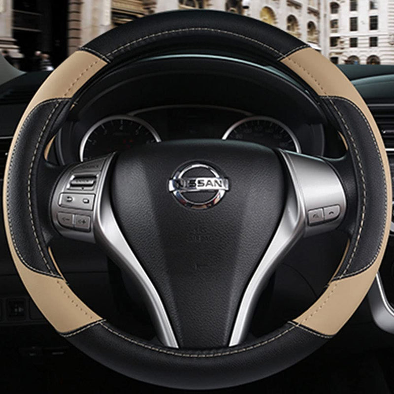 Leather Car Steering Wheel Cover, Non-Slip Car Wheel Cover Protector Breathable Microfiber Leather Universal Fit for Most Cars(Beige) Beige