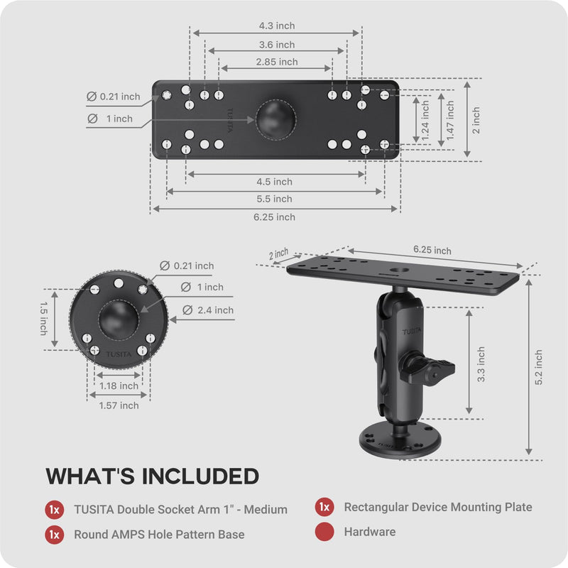 TUSITA Universal Marine Electronic Mount - B Size Medium, Aluminum Fish Finder Mount with 1" Ball for Boat, 360° Rotation, High Salt Water Resistant, Compatible with Garmin, Lowrance and More Medium Arm