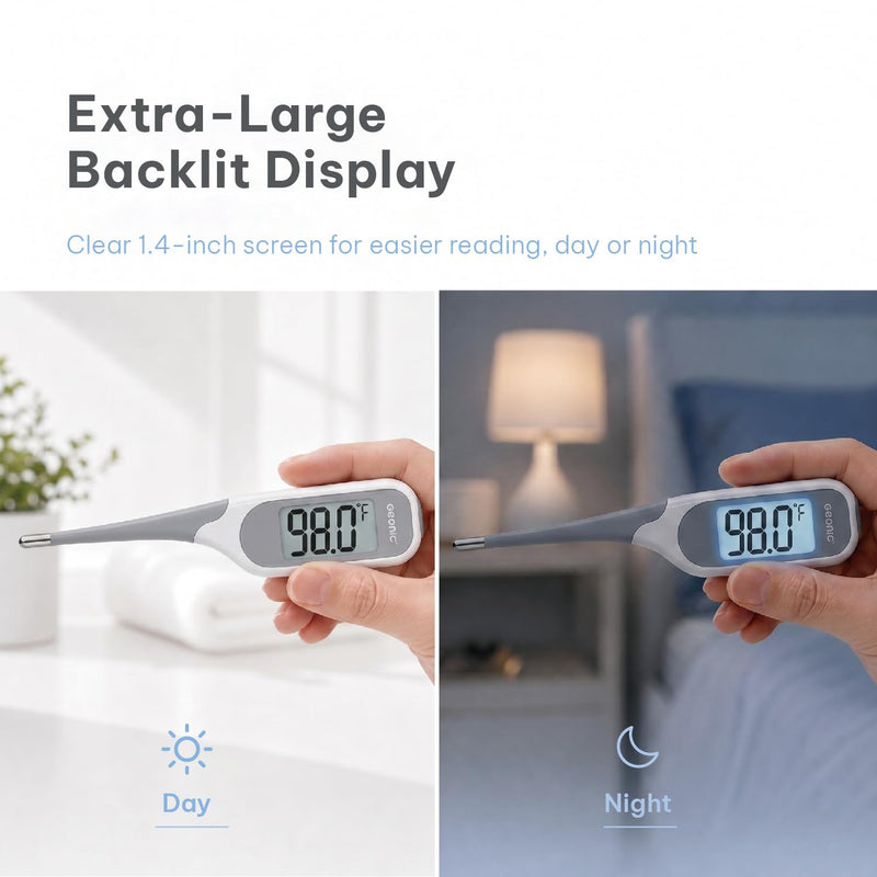 Backlit Digital Thermometer for Adults & Kids, Fast 10-Second Reading, Flexible Tip, Large 1.4 Inch Display, Waterproof, Fever Alarm, White