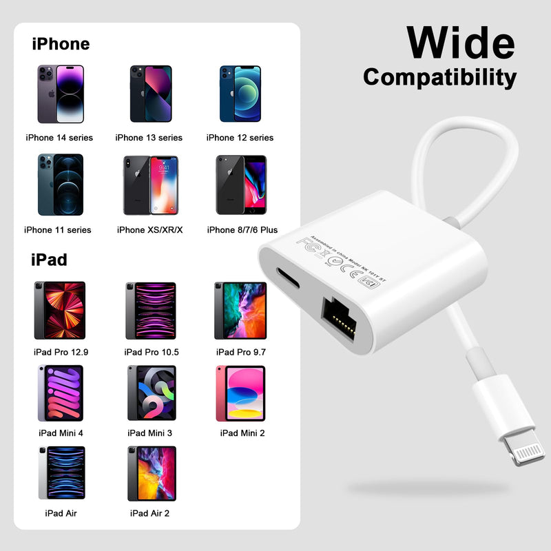 Lightning to Ethernet Adapter for iPhone 14, [Apple MFi Certified] 2 in 1 RJ45 Ethernet LAN Network Adapter with Charge Port for iPhone 14 13 12 11 XS XR X, Supports 100Mbps High Speed, Plug and Play