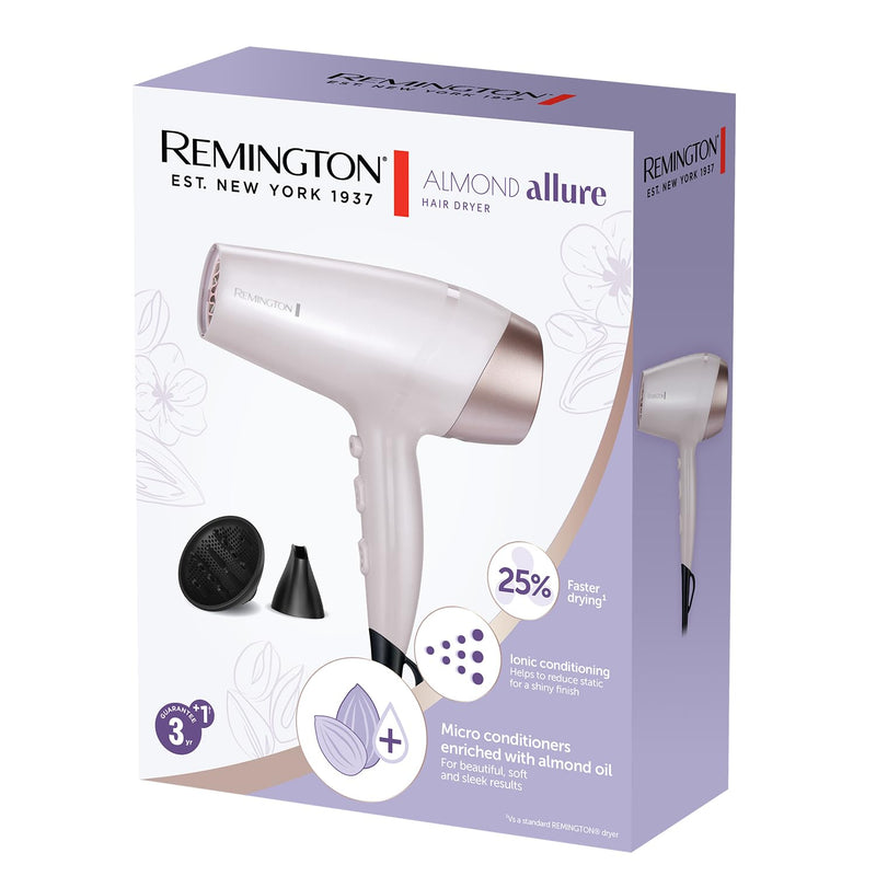 Remington Almond Allure Hair Dryer, Ionic Conditioning, 25% Faster Drying | Almond Oil Micro-Conditioners, Includes Diffuser and Concentrator, Six Heat and Speed Settings, Ceramic Coating, Model D4807