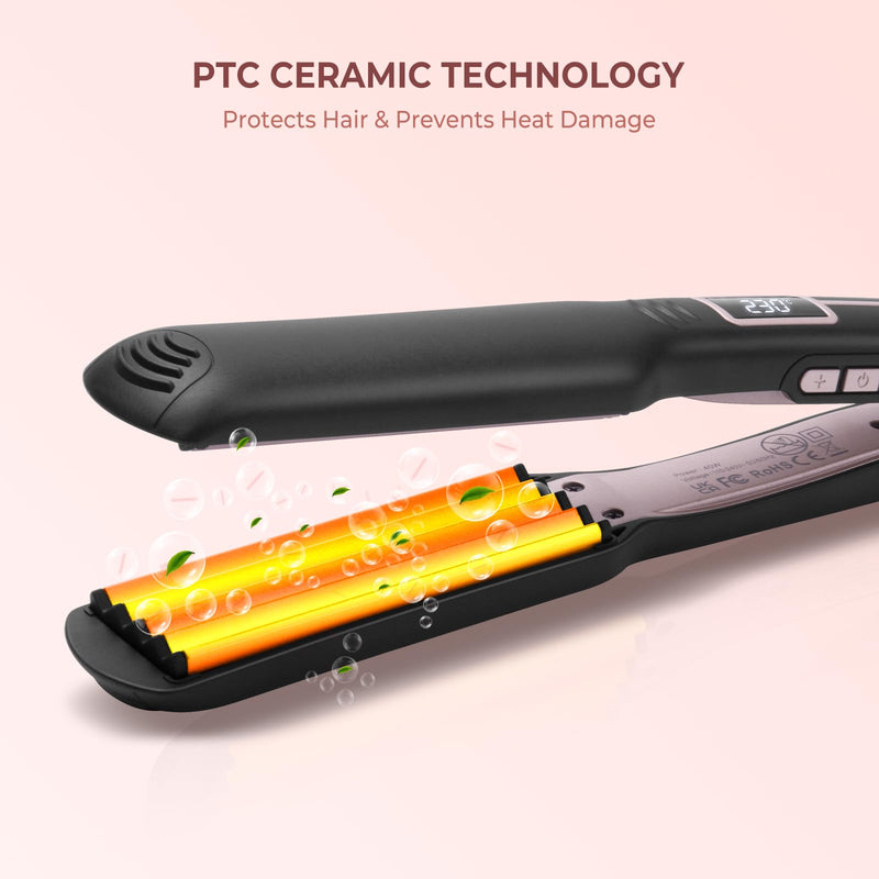 UKLISS Hair Crimper, Ceramic Hair Crimpers for Women, PTC Crepe Hair Iron | for Volumizing Hairstyle in One Step, Adjustable Temperature 210-450℉, LCD Display, Long-Lasting Styling (Black Pink) Black Pink