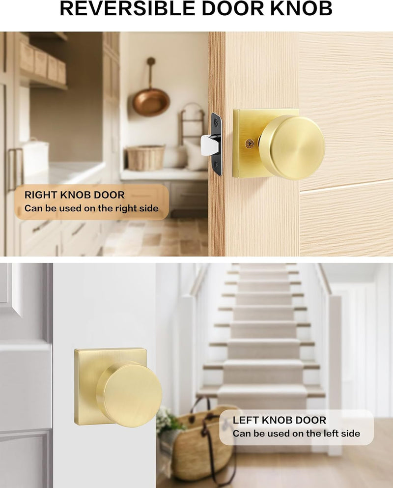Lethato Brushed Gold Interior Passage Door Knob, Contemporary Zinc-Alloy Heavy Duty Door Knobs, Round Gold Handle, Non-Locking Doorknob for Hallway Closet Bedroom Bathroom (1 Pack) 1 Pack(Passage)