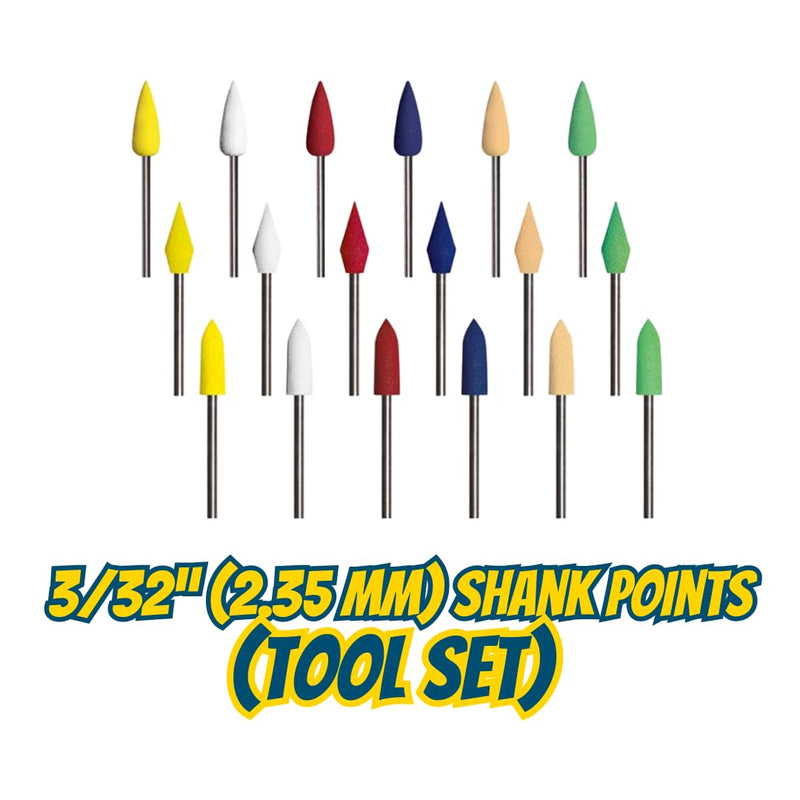 Dedeco Sunburst - 3/32” (2.35 mm) Shank Points - Precision Thermoplastic Rotary Cleaning, Deburring, and Polishing Tool Set, 18 3/32" Shanks - 3x 6 Grits, Shapes 12, 14, and 15