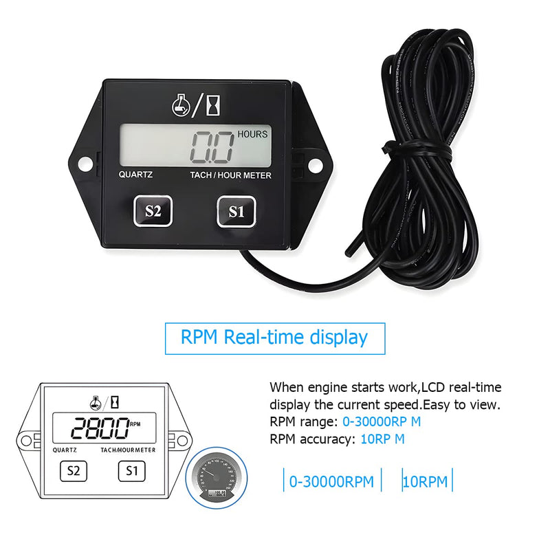 Small Engine Hour Meter and Digital Tachometer, Waterproof Inductive Tacho Gauge, Automotive Accessories for ZTR Lawn Mower Tractor Generator Motorcycle Chainsaw Marine