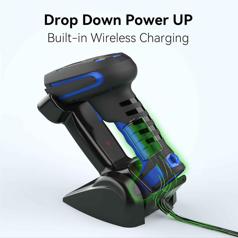 Alacrity Wireless Charging Barcode Scanner, 1D/2D Symbologies, Global Shutter Scan Sensor, Long-Distance 433MHz Wireless & Bluetooth Connectivity, Industrial Shock and Dust-Proof Barcode Reader, Blue Blue-2D