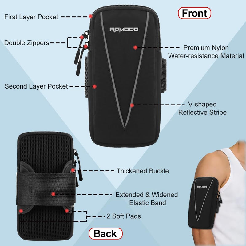 Phone Holder for Running Women Men, Large Capacity Armband 7.5” Blk | Water Resistant Phone Arm Bands for Running Walking, Adjustable Cell Phone Holder for iPhone 17 16 15 Samsung Galaxy S26 S25 01 - Black