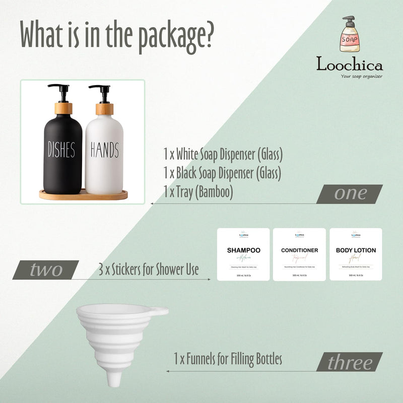 LOOCHICA 2 Pack Glass Soap Dispenser Set with Tray, Hand and Dish Glass Soap Dispensers for Kitchen Sink, Kitchen Soap Dispenser Set Suitable for Black and White Kitchen Decor A01-black/White With Bamboo Tray