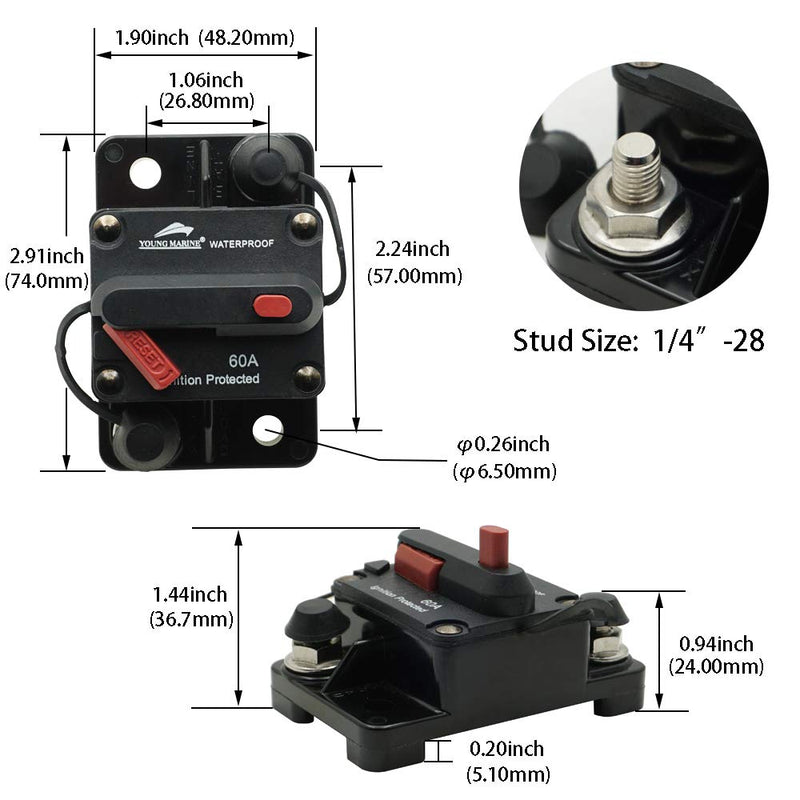 Young Marine Circuit Breaker for Boat Trolling with Manual Reset,Water Proof,12V- 48V DC Surface Mount-60A