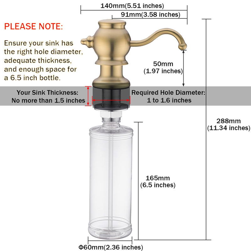 RANDOM Brushed Gold Soap Dispenser for Kitchen Sink,Built in Sink Soap Dispenser with Solid Brass Pump Head Soap Dispenser Extension Tube Kit and 11 Ounce Large PET Liquid Soap Bottle.RD84038BG
