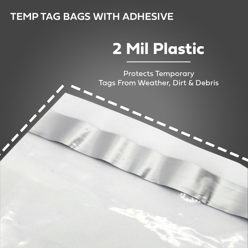 License Plate Temporary Tag Bags - Premium Plastic with Adhesive (100 per Pack)