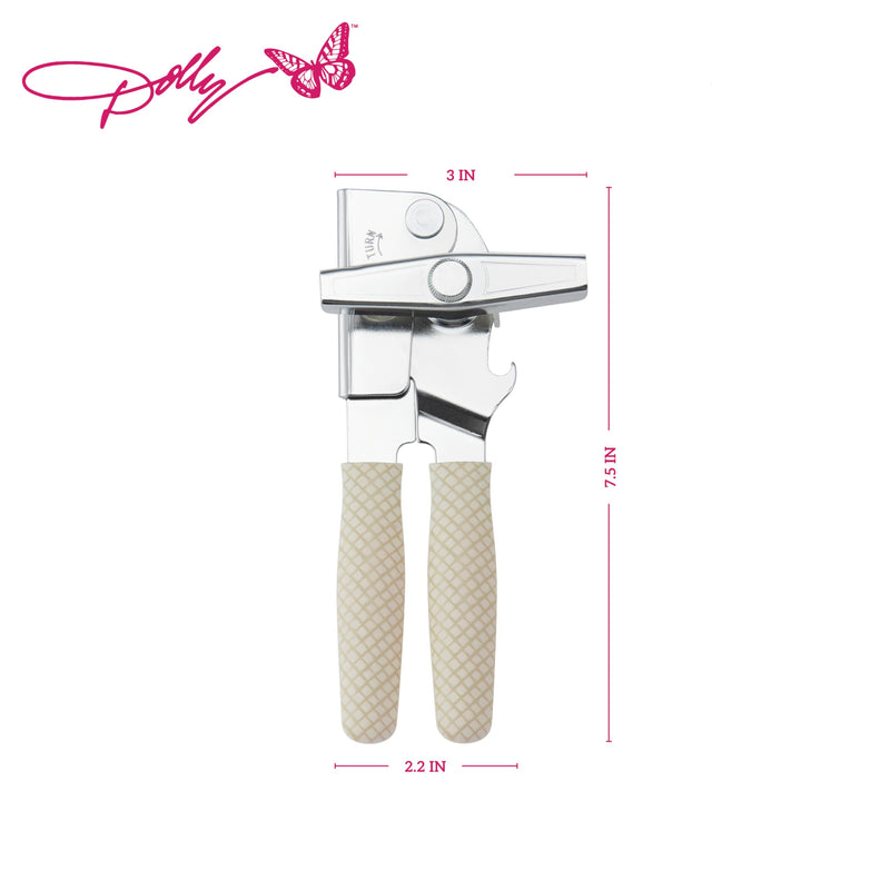 Dolly Parton Compact Can Opener with Crisscross Design – Ergonomic Soft-Grip Handles, Durable High-Carbon Cutting Wheel, Built-In Bottle Opener, 7.5 Inch