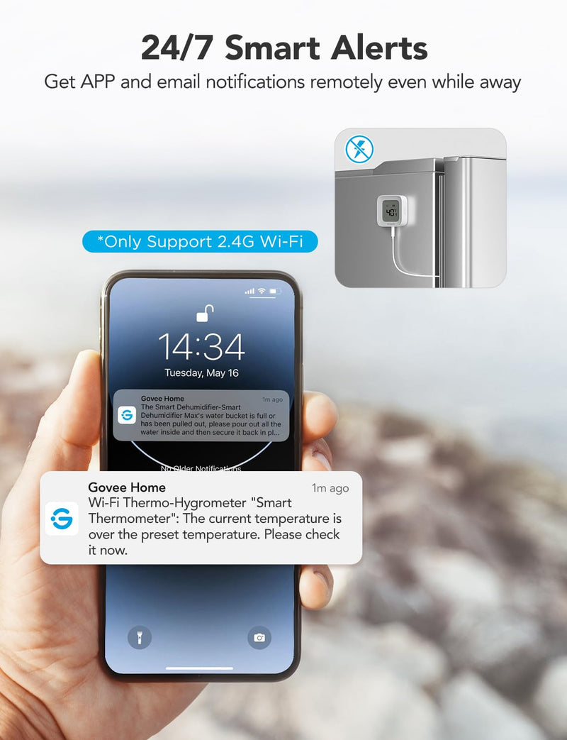 GoveeLife WiFi Refrigerator Thermometer with Alarm, Wireless Digital Freezer Temperature Gauge with App Control, LCD Display, 2 Years Free Data Export, for Fridge Hot Tub (Only Support 2.4G WiFi) 1 Gateway + 1 Sensor