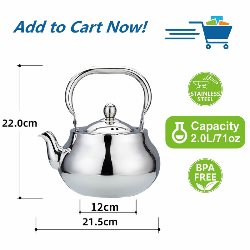 SANQIAHOME Stainless Steel Teapot With Removeable Infuser 71 oz (2000ml) Thickened Mirror Polished Stovetop Tea Maker for Herbal and Infusion 2000ml Silver(J)