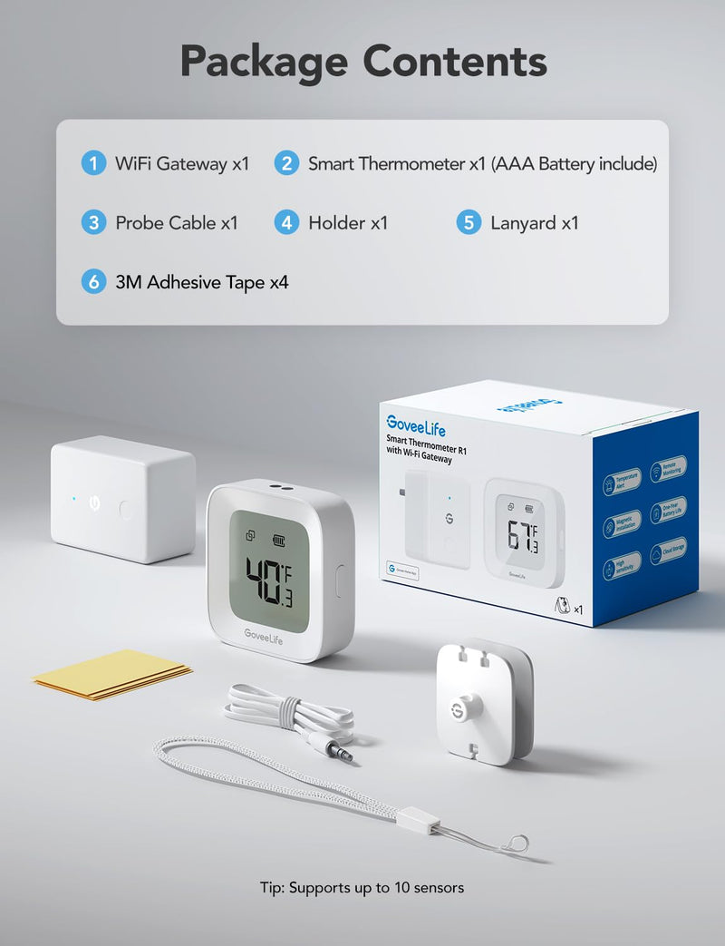 GoveeLife WiFi Refrigerator Thermometer with Alarm, Wireless Digital Freezer Temperature Gauge with App Control, LCD Display, 2 Years Free Data Export, for Fridge Hot Tub (Only Support 2.4G WiFi) 1 Gateway + 1 Sensor